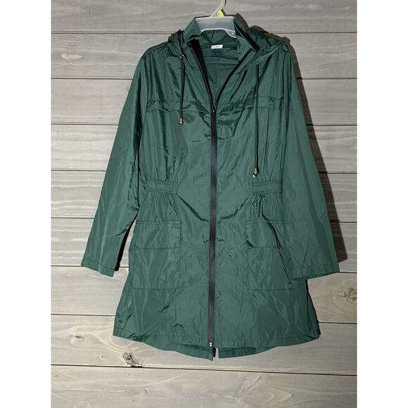 Womens Green Raincoat Jacket Small Hood Elastic Waist Windbreaker - Picture 1 of 6
